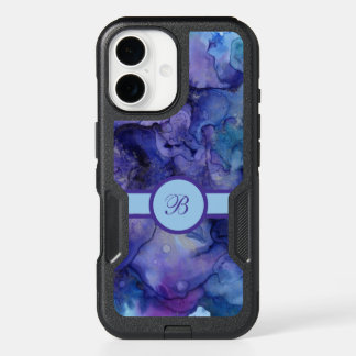 Blue and Purple Marbled Watercolor Monogrammed iPhone 16 Case