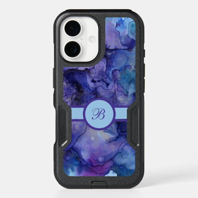 Blue and Purple Marbled Watercolor Monogrammed Otterbox iPhone Case (Back)