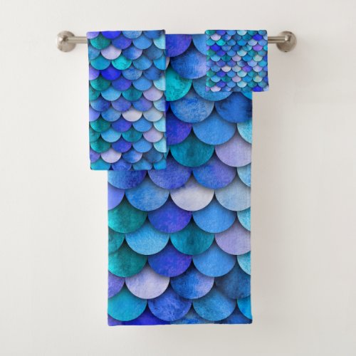 Blue and purple mermaid scale summery pattern bath towel set