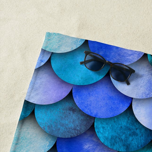 Blue and purple mermaid scale summery pattern beach towel (In Situ)