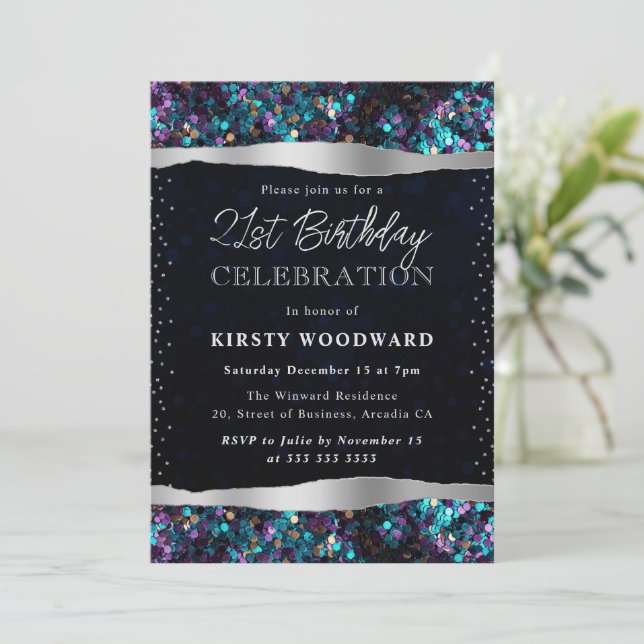 Blue and Purple Mermaid Sequins 21st Birthday Invitation (Standing Front)