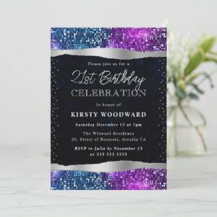 Blue and Purple Mermaid Sequins 21st Birthday Invitation
