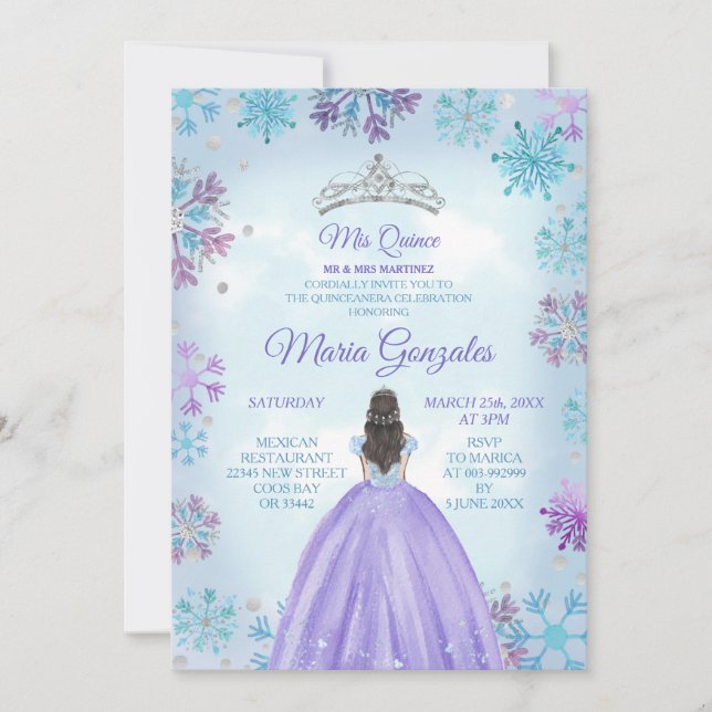 Blue and Purple Mexican Girl Winter Mis Quince Invitation (Front)