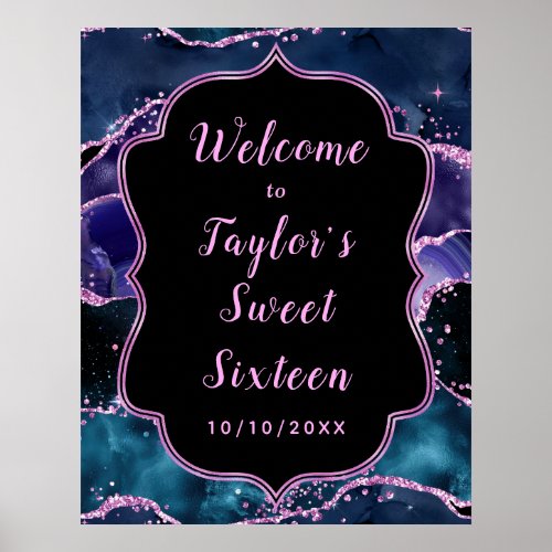 Blue and Purple Ocean Agate Sweet Sixteen Welcome Poster