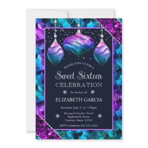 Blue and Purple Ombre Mermaid Ornaments Sweet 16 Invitation