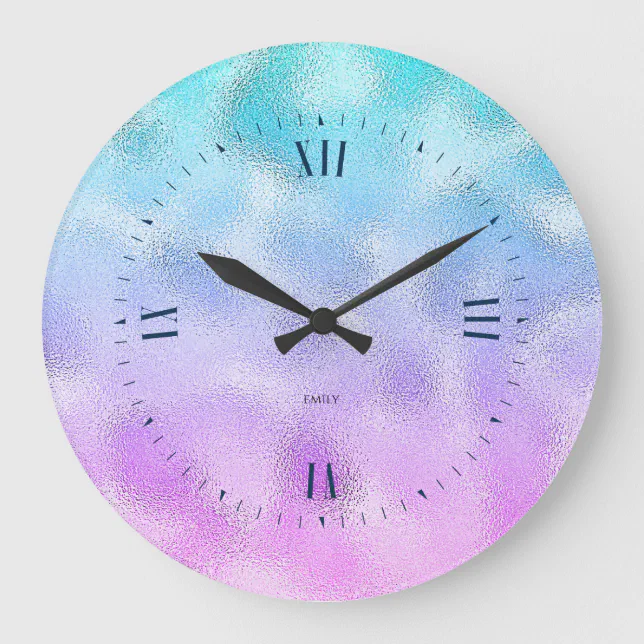 Blue and purple ombre shimmering texture backgroun large clock | Zazzle