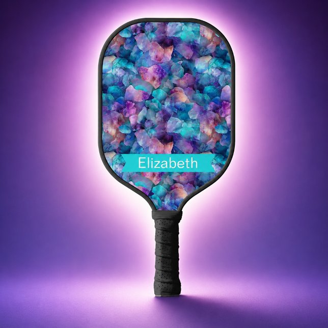 Blue and Purple Opal Crystal Personalized Pickleball Paddle (blue and purple opal crystal patterned and personalized pickleball paddle for women.)