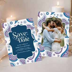 Blue and Purple Paisley Indian Style Wedding Photo Save The Date