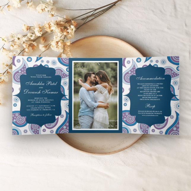Blue and Purple Paisley Indian Style Wedding Photo Tri-Fold Invitation (Creator Uploaded)