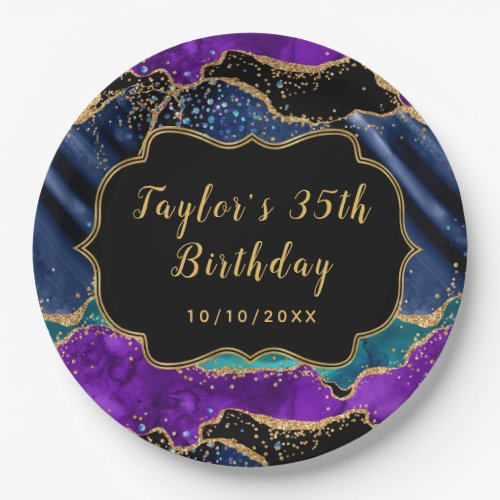 Blue and Purple Peacock Agate Birthday Paper Plates