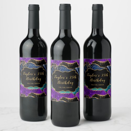 Blue and Purple Peacock Agate Birthday Wine Label