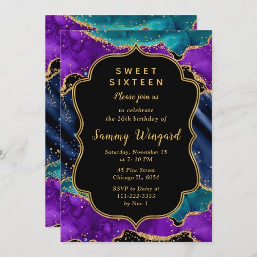 Blue and Purple Peacock Agate Sweet Sixteen Invitation