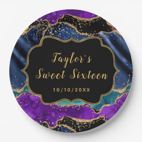 Blue and Purple Peacock Agate Sweet Sixteen Paper Plates