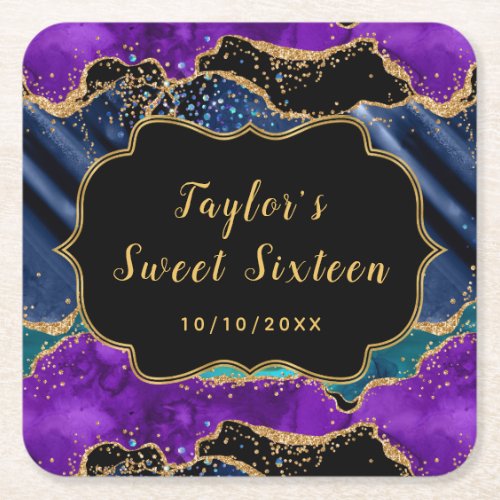 Blue and Purple Peacock Agate Sweet Sixteen Square Paper Coaster