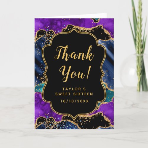 Blue and Purple Peacock Agate Sweet Sixteen Thank You Card