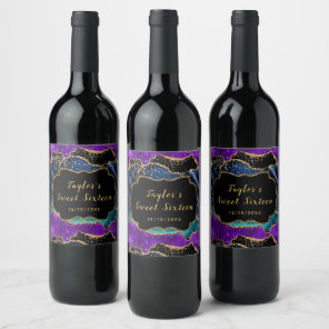 Blue and Purple Peacock Agate Sweet Sixteen Wine Label
