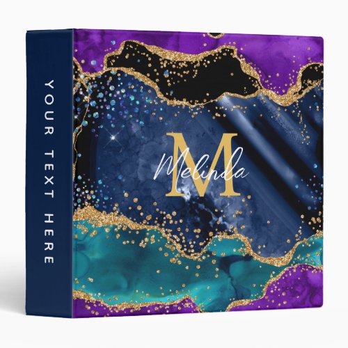Blue and Purple Peacock Faux Glitter Agate 3 Ring Binder