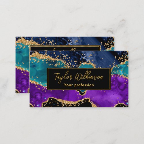 Blue and Purple Peacock Faux Glitter Agate Business Card
