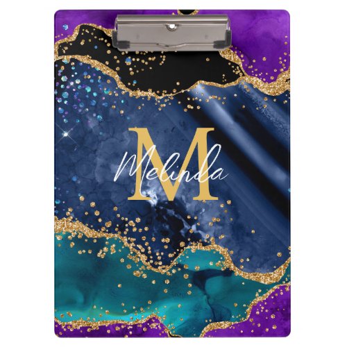 Blue and Purple Peacock Faux Glitter Agate Clipboard