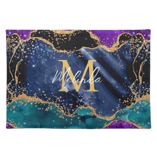 Blue and Purple Peacock Faux Glitter Agate Cloth Placemat