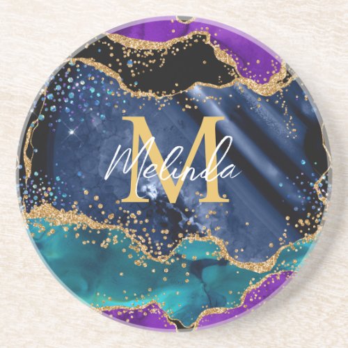 Blue and Purple Peacock Faux Glitter Agate Coaster