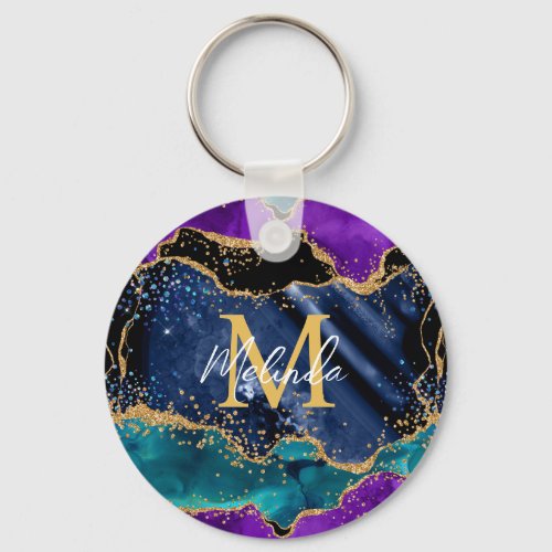 Blue and Purple Peacock Faux Glitter Agate Keychain