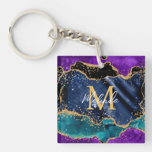 Blue and Purple Peacock Faux Glitter Agate Keychain