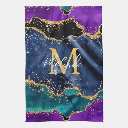 Blue and Purple Peacock Faux Glitter Agate Kitchen Towel