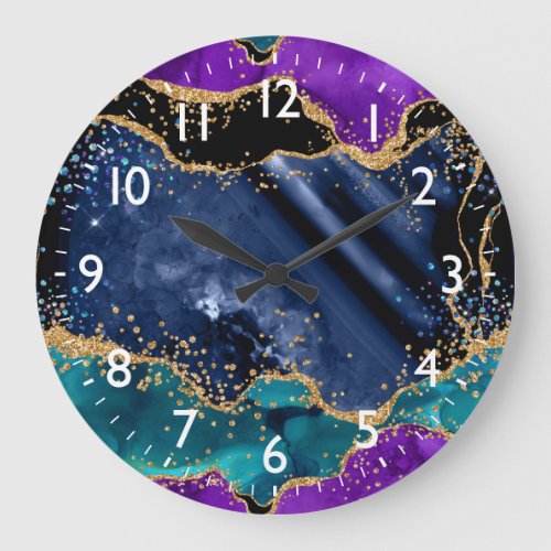 Blue and Purple Peacock Faux Glitter Agate Large Clock