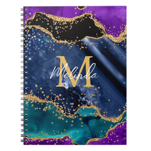 Blue and Purple Peacock Faux Glitter Agate Notebook