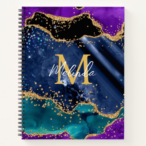 Blue and Purple Peacock Faux Glitter Agate Notebook