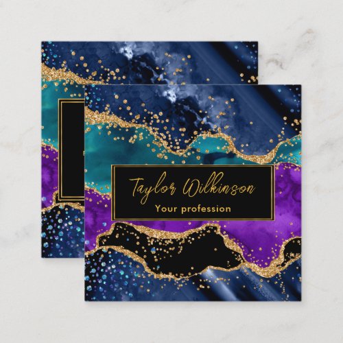 Blue and Purple Peacock Faux Glitter Agate Square Business Card