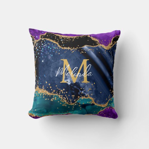 Blue and Purple Peacock Faux Glitter Agate Throw Pillow