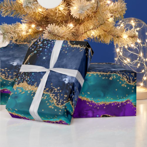 Blue and Purple Peacock Faux Glitter Agate Wrapping Paper