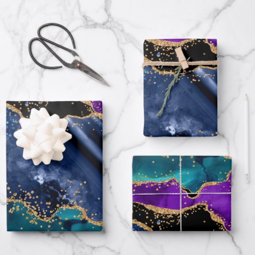 Blue and Purple Peacock Faux Glitter Agate Wrapping Paper Sheets