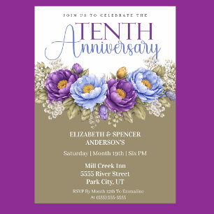 Blue and Purple Peony 10th Wedding Anniversary Invitation