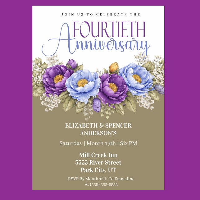 Blue and Purple Peony 40th Wedding Anniversary Invitation (Elegant blue and purple peony floral 40th wedding anniversary invitation)