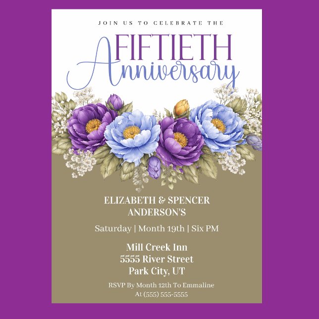 Blue and Purple Peony 50th Wedding Anniversary Invitation (Elegant blue and purple peony floral 50th wedding anniversary invitation)
