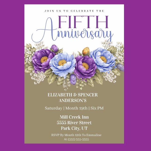 Blue and Purple Peony 5th Wedding Anniversary Invitation (Elegant blue and purple peony floral 5th wedding anniversary invitation)