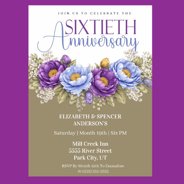 Blue and Purple Peony 60th Wedding Anniversary Invitation (Elegant blue and purple peony floral 60th wedding anniversary invitation)