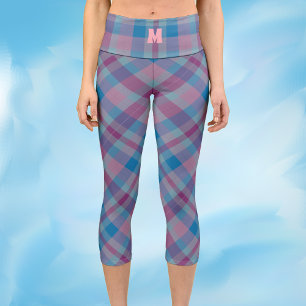 Blue and purple plaid monogram capri leggings