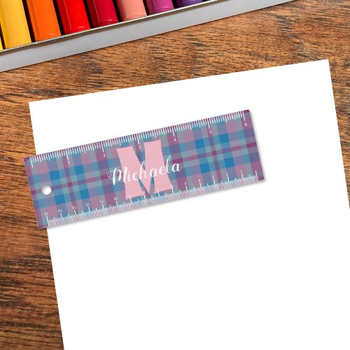 Blue and purple plaid monogram mini ruler