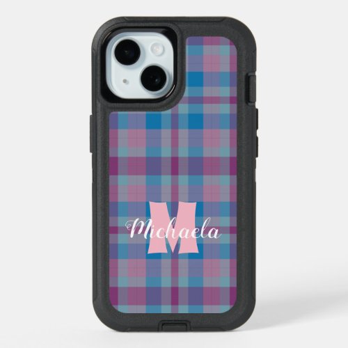 Blue and purple plaid pattern monogram iPhone 15 case