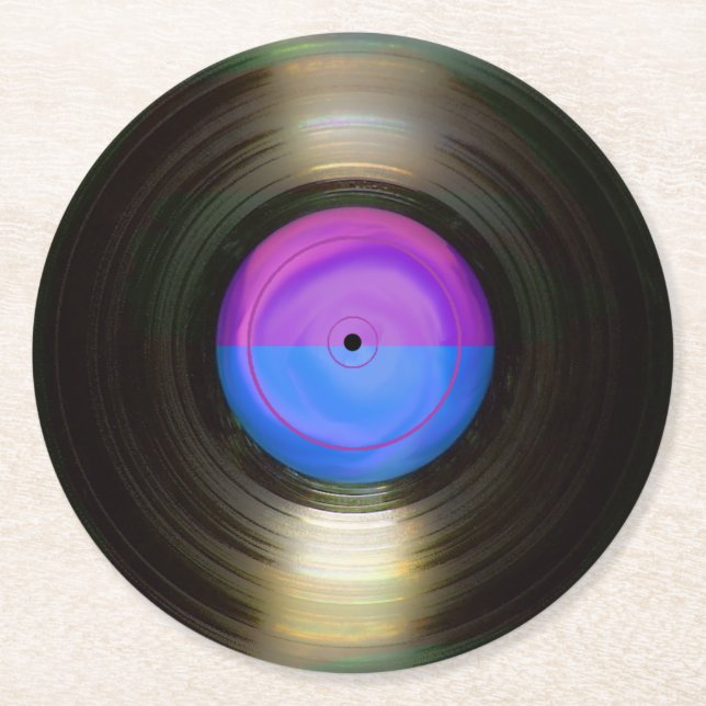 Blue and Purple Retro Vinyl Record  Round Paper Coaster (Front)