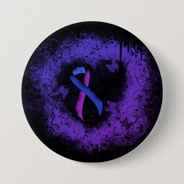Blue and Purple Ribbon Grunge Heart Pinback Button (Front)