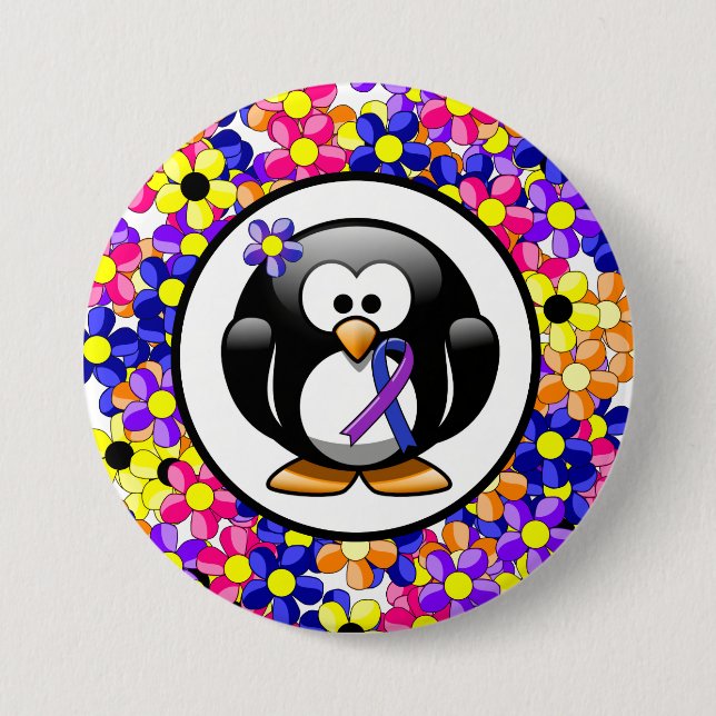 Blue and Purple Ribbon Penguin Pinback Button (Front)