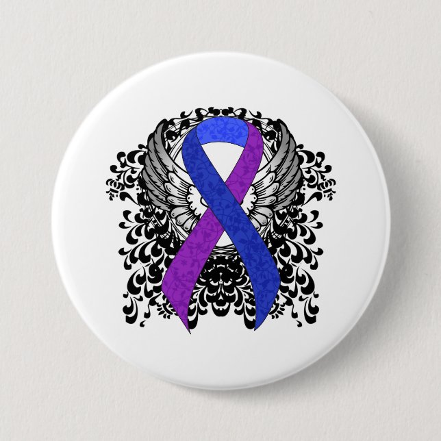 Blue and Purple Ribbon with Wings Button (Front)