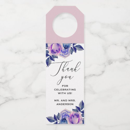 Blue and purple roses Floral wedding thank you Bottle Hanger Tag