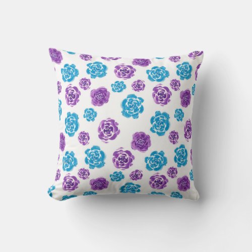 Blue and Purple Roses Pattern Throw Pillow