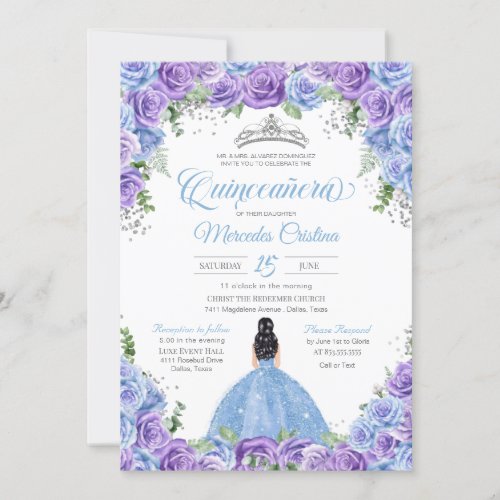 Blue and Purple Roses  Silver Tiara Quinceanera I Invitation